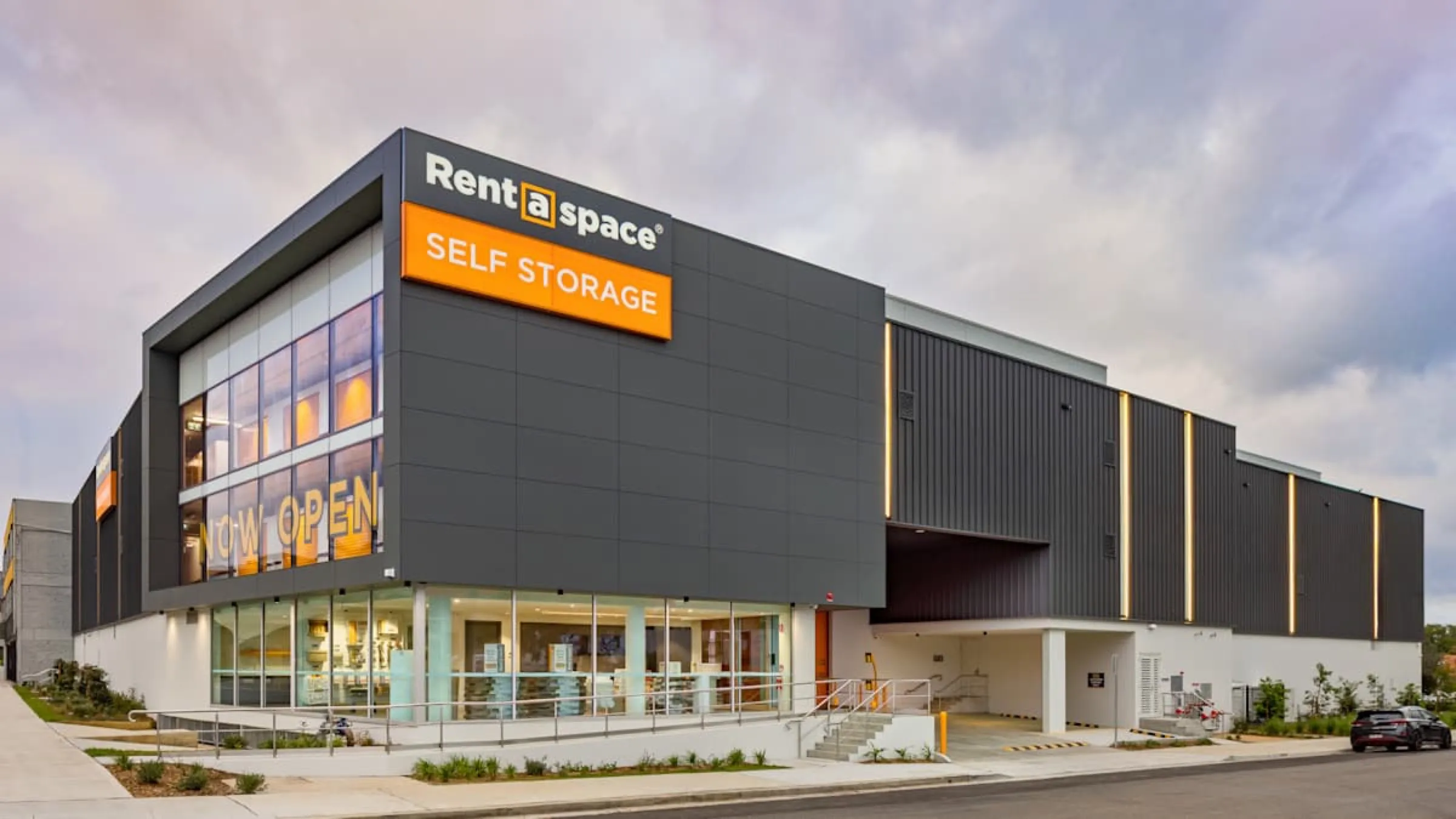 Angled exterior view of the Concord self-storage building.