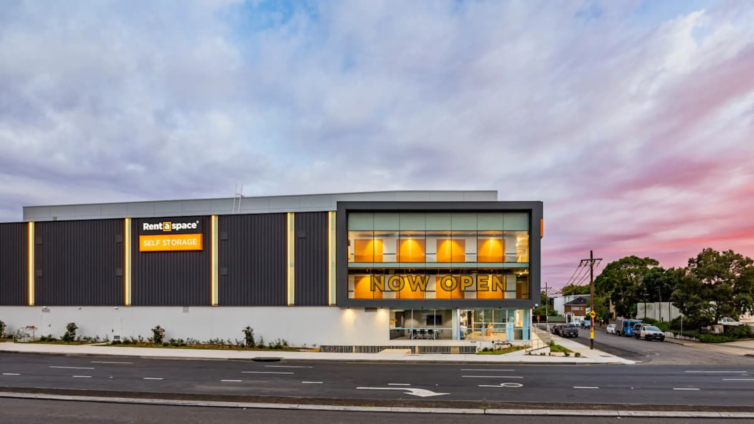 Dusk exterior of the Rent A Space Concord multi-level self-storage centre.